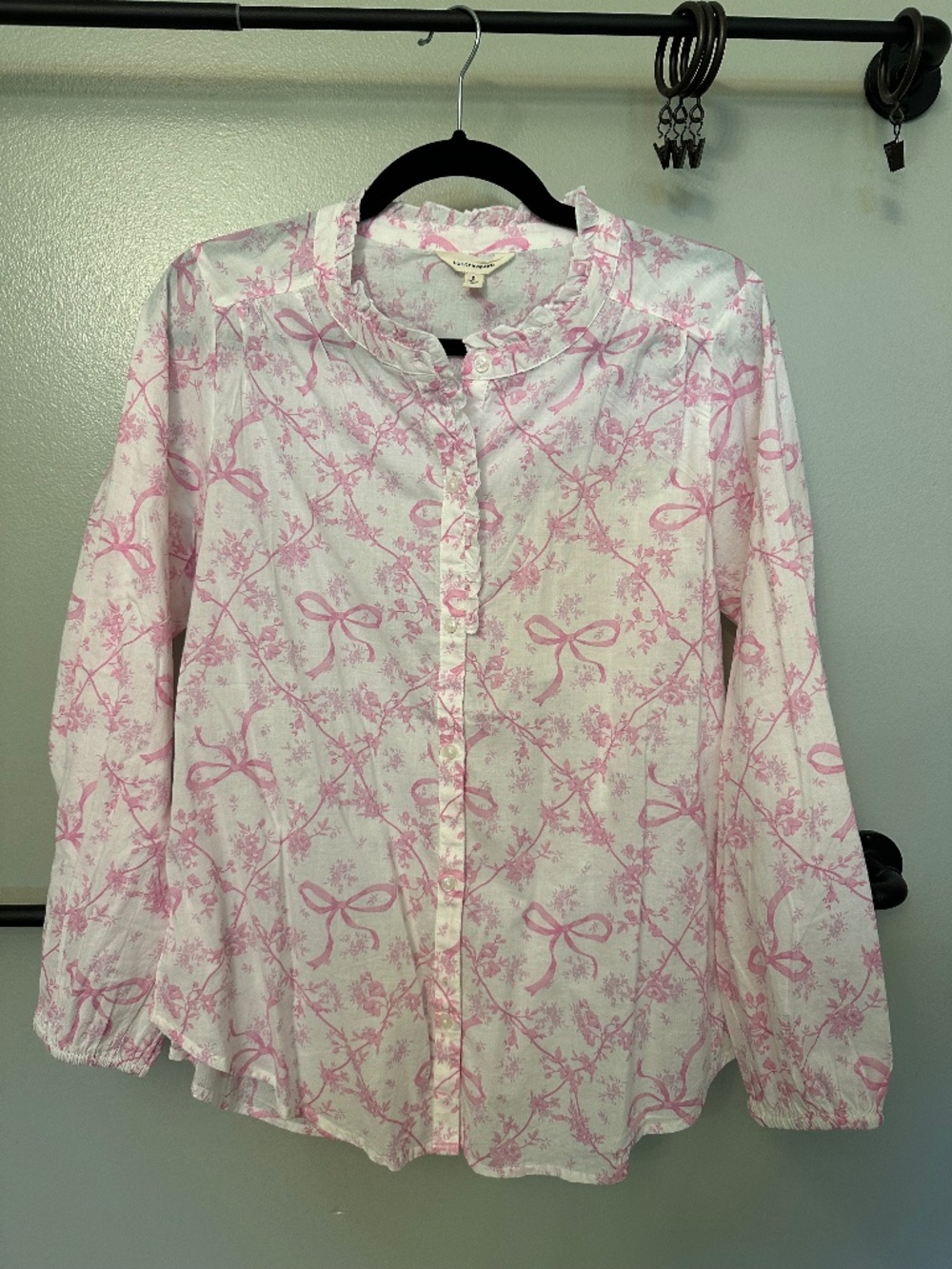 Lucky Brand White and Pink Floral Bow Shirt